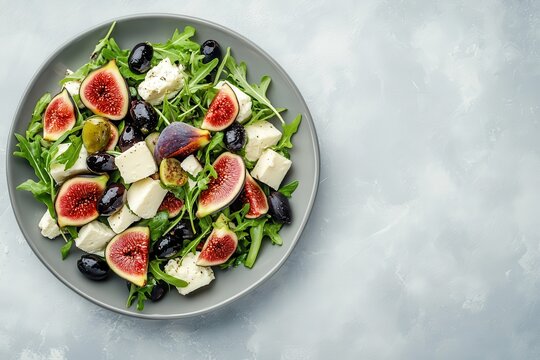 Bright nutritious summer salad featuring figs white cheese arugula and black olives presented on a gray plate against a gray backdrop Overhead close up with bla