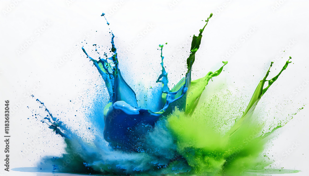 Poster an explosion of blue and green paint splashes against a white background, creating a vibrant and dyn