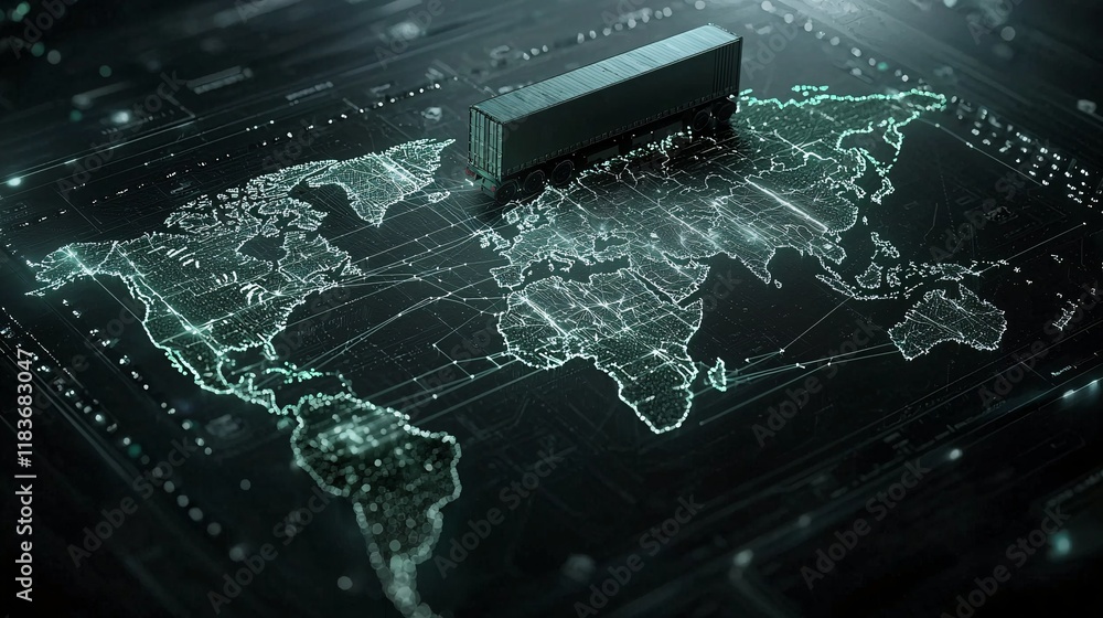 Poster network pathways displayed on a digital map representing cargo movement across continents