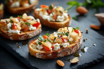 Bruschetta appetizers on a dark slate board featuring toast topped with cottage cheese pear honey and almonds