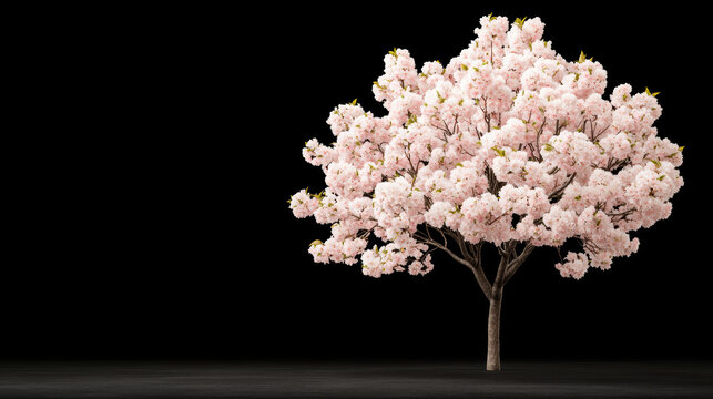 beautiful cherry tree in full bloom with pink flowers against dark background