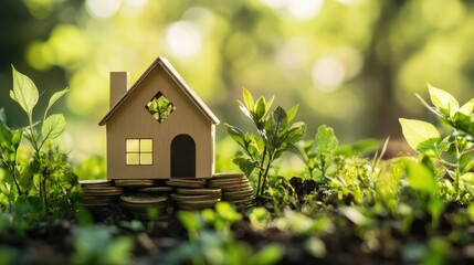 An eco-home model on a coin stack surrounded by lush greenery, symbolizing environmentally conscious living