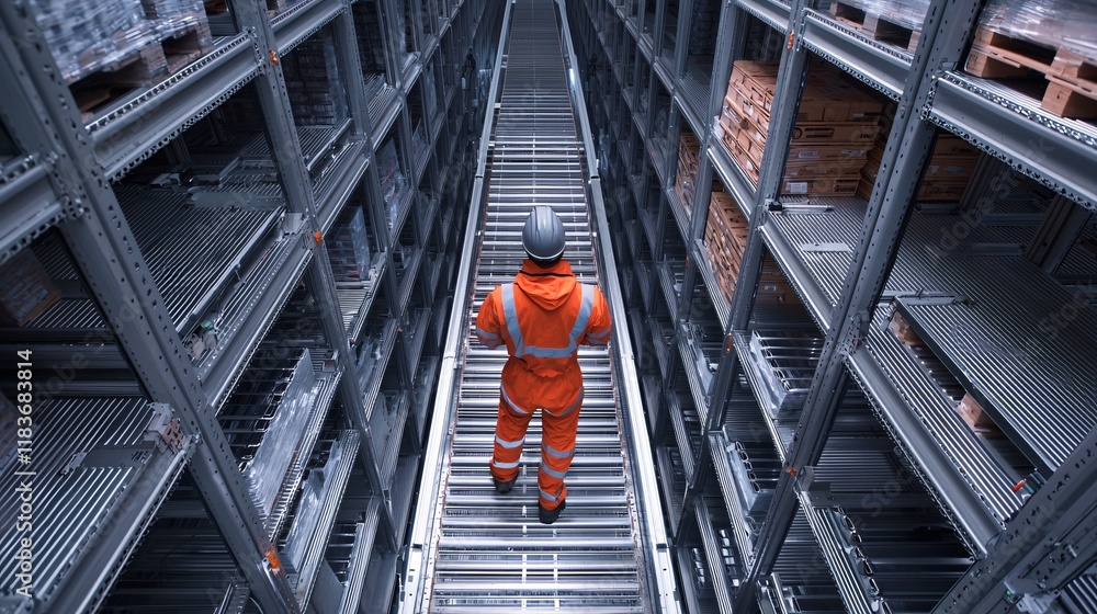 Poster a worker in safety gear overseeing automated loading systems in a warehouse
