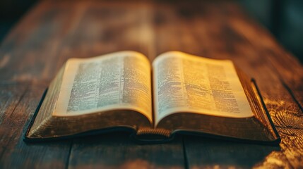 Obraz premium An open book with glowing golden pages, symbolizing knowledge and inspiration, placed on a wooden table