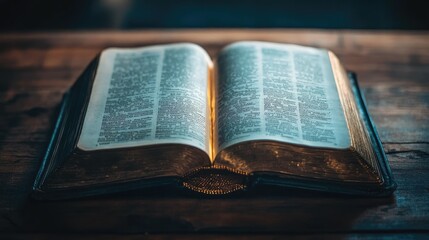 Obraz premium An open book with glowing golden pages, symbolizing knowledge and inspiration, placed on a wooden table