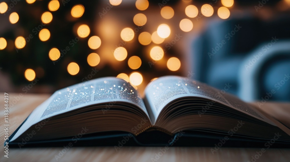 Poster an open book with sparkling pages, sitting on a wooden table with soft glowing light in the backgrou