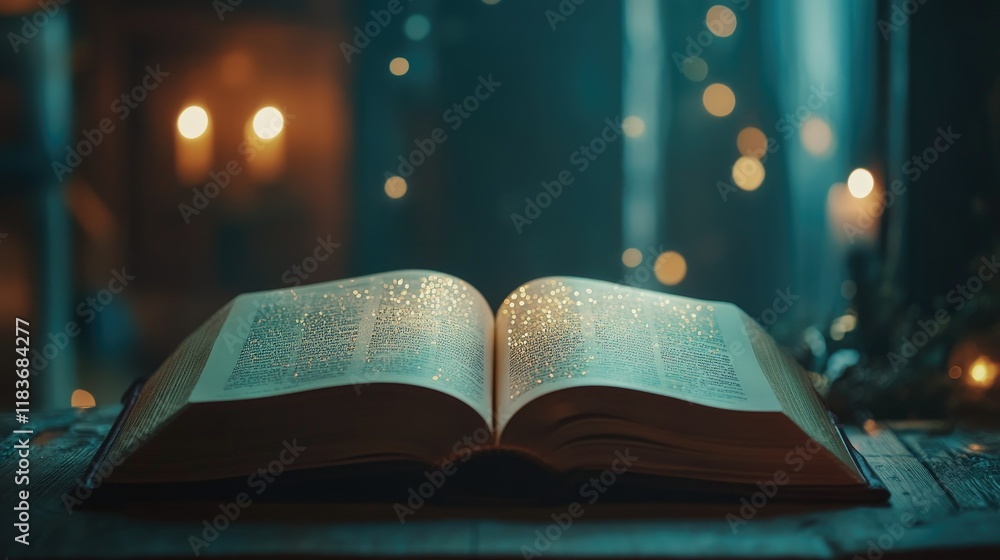 Poster an open book with sparkling pages, sitting on a wooden table with soft glowing light in the backgrou