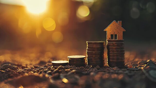 Money coin stack growing graph with house bokeh background, investment concept.Business Finance and Save Money concept