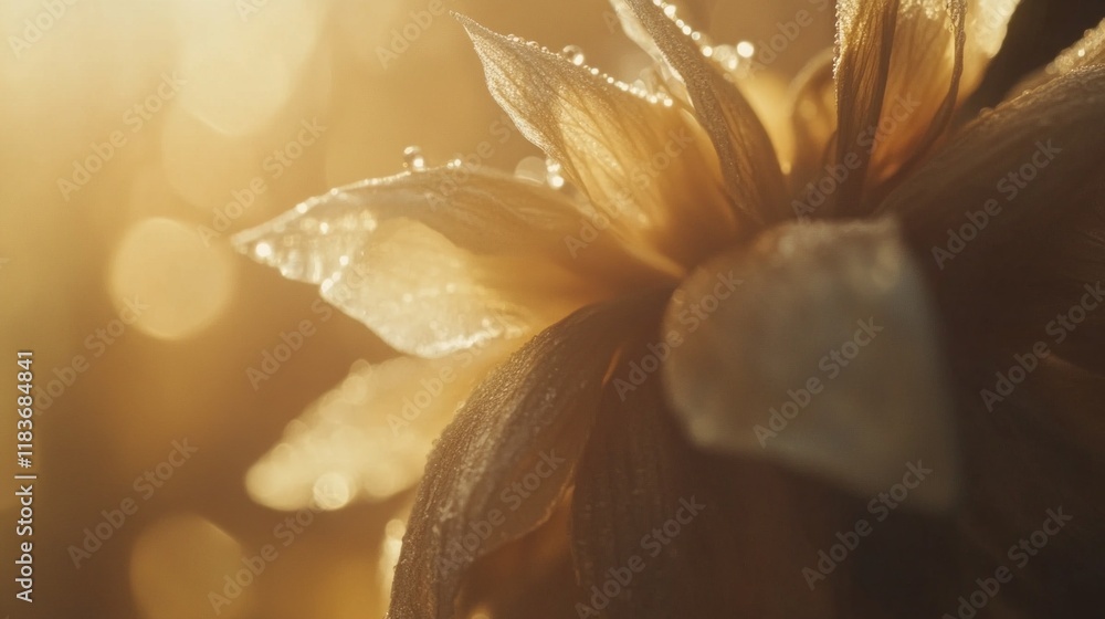 Poster petals of future dusk catch the first light of day, their golden hues glowing while tiny droplets of