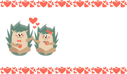 Cartoon hedgehogs in love sitting next to each other, touching each other with their paws. Vector horizontal background with a frame of hearts and space for text for design of cards, banners