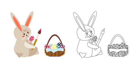 Cartoon bunny with basket paints Easter egg with brush. Vector illustration for children's coloring pages, outline and example in color