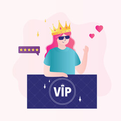 VIP Card, Celebrity person lifestyle concept. Luxury female character with gold crown and vip loyalty card get premium service, happy woman.