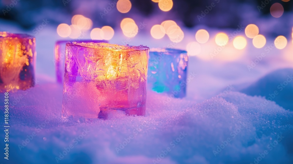 Poster Artistic ice arrangements in vibrant colors set on snow, with delicate bokeh lights adding warmth to the frosty setting