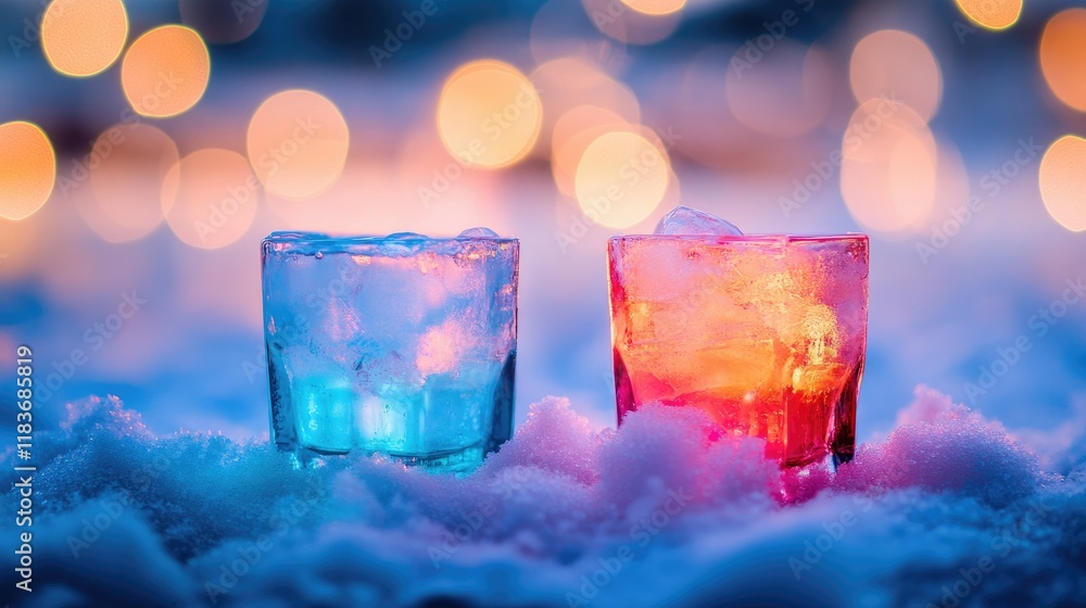 Poster artistic ice arrangements in vibrant colors set on snow, with delicate bokeh lights adding warmth to
