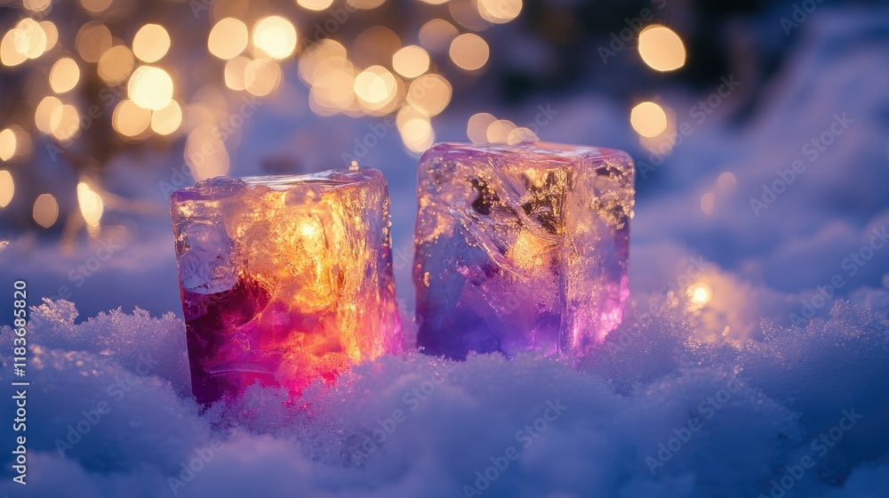 Poster artistic ice arrangements in vibrant colors set on snow, with delicate bokeh lights adding warmth to