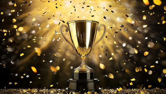 Gleaming golden trophy exuding triumph surrounded by sparkling confetti in a celebration