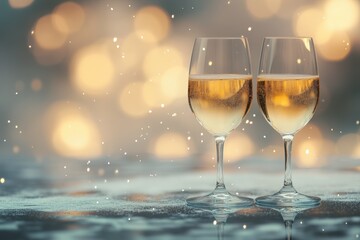 Champagne glasses against a blurred illuminated backdrop Celebration theme empty text area
