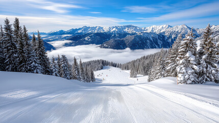 Fototapeta premium Stunning view of snow covered mountains and ski slopes in winter