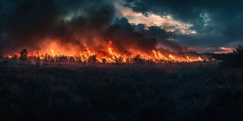 Fototapeta premium Forest Fire Smoke Effects on Countryside Environments. Cloudy skies blanket a rural forest, veiled by wisps of fire smoke