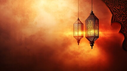 Obraz premium Illuminated Arabic Lanterns Hanging Against Warm Background