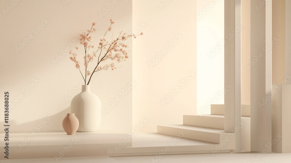 Poster Soft pastel tones create a calming atmosphere, highlighted by a simple flower vase and gentle sunlight streaming through an open space. The minimalist design evokes peace and harmony