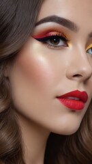 Close-up of a woman with vibrant red and gold eye makeup, glowing skin, and red lipstick. Beauty and cosmetics concept