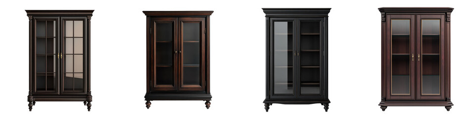 Elegant wooden display cabinets and shelves with glass doors for classic traditional home interior design and organization  Vintage style furniture for living room library or storage