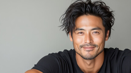 Fototapeta premium smiling man with tousled hair poses against neutral background