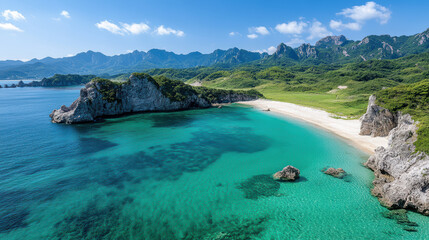 Fototapeta premium Stunning coastline with clear turquoise water and lush green hills