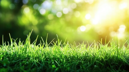 Close-up of fresh green grass blades growing in rich, moist soil under soft sunlight
