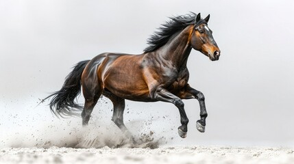 A powerful horse galloping across a sandy landscape, showcasing strength and grace in motion.