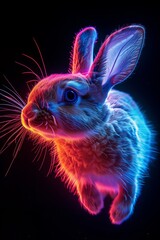 A vibrant, glowing rabbit leaps playfully, radiating colors of blue and pink in a magical night setting.