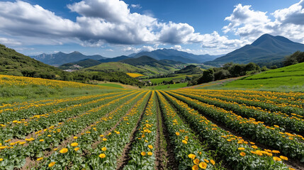 Fototapeta premium Vibrant sunflower field with mountains and blue sky in background