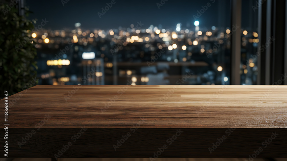 Poster a close up with wooden table with copyspace mock-up and view on night city scape