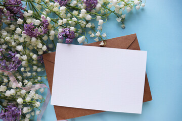 spring postcard layout with a bouquet of lilies of the valley