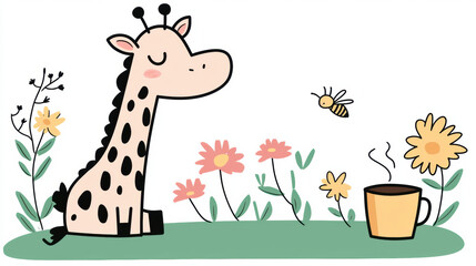 giraffe in garden enjoying coffee surrounded by flowers and bee