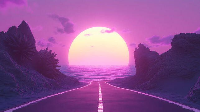 A colorful purple sunset, with a road to the sky, an endless edge, the sea, reefs, a portal to another world, 3d render