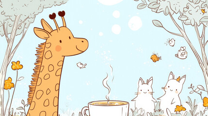 Obraz premium giraffe enjoys coffee in whimsical forest with cute animals nearby