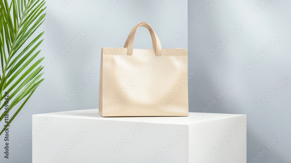 Poster minimalistic tote bag in neutral color on display with greenery