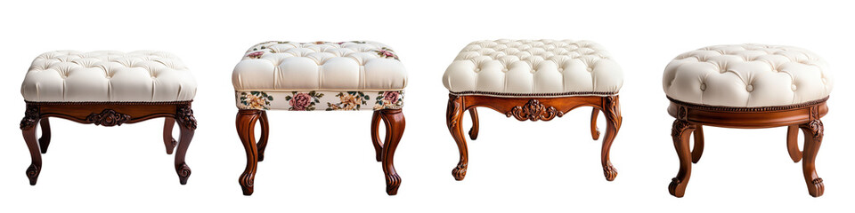 Elegant carved wooden furniture with ornate details plush tufted upholstery and floral textile patterns in a cozy traditional living room setting