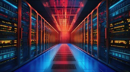 Fototapeta premium Cutting-edge data center interior with detailed views of backhaul network connections and fiber-optic technology in action.