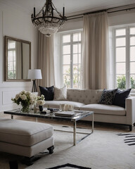 Elegant contemporary living room featuring luxury seating black and white decor and large windows for natural illumination Contemporary Interior Design Inspiration