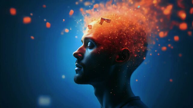 A surreal depiction of a person with an exploding head, symbolizing creativity and thought.