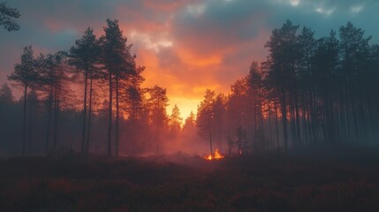 Forest Fire Smoke Effects on Countryside Environments. Cloudy skies blanket a rural forest, veiled by wisps of fire smoke
