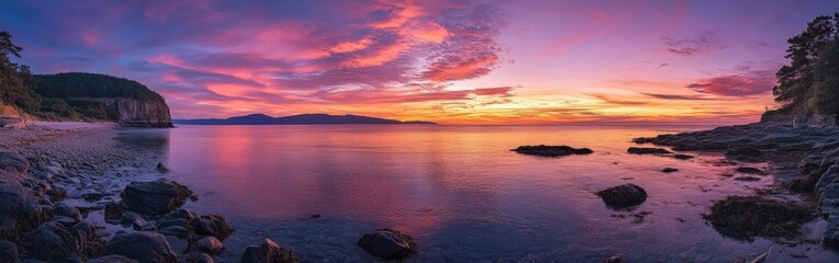 Fototapeta premium A stunning sunset over a tranquil beach with vibrant colors reflecting on the water. Ideal for travel and relaxation themes.