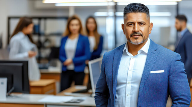 Confident Latino businessman in modern office setting with colleagues