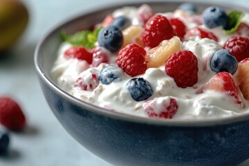 Close up of a bowl of yogurt fruit salad on a table
