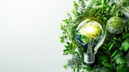 Eco-friendly energy transition theme with a luminous lightbulb, earth iconography, and surrounding greenery on a clean white background.