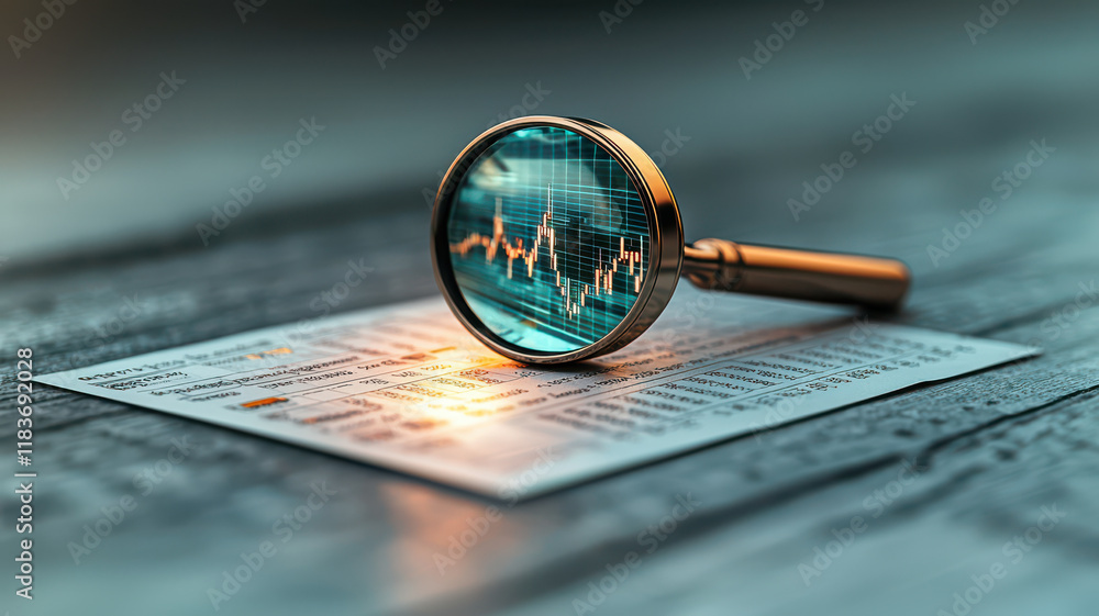 Poster magnifying glass over financial data with graphs and charts, symbolizing analysis