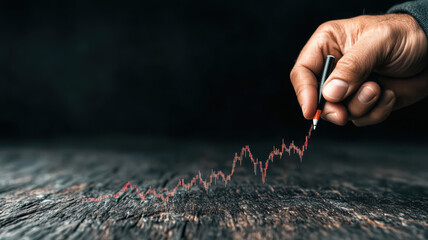 Hand holding pen tracing upward stock market graph on wood